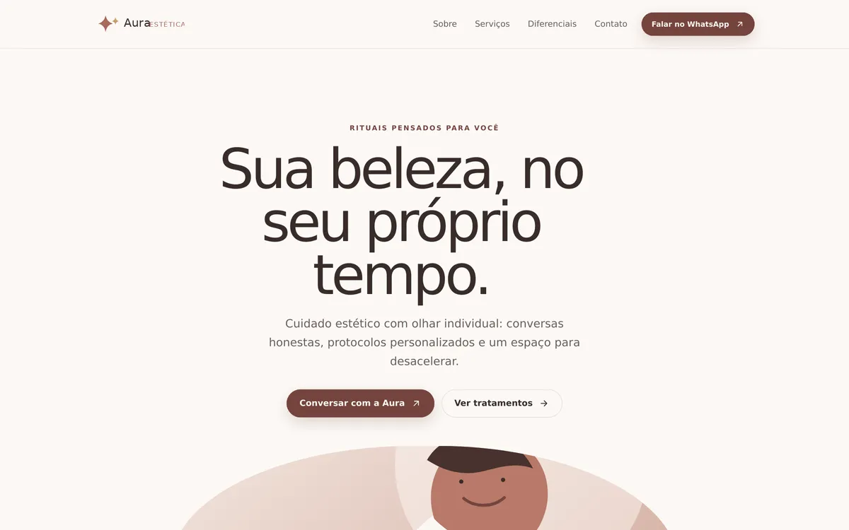 Página inicial de um modelo de site para estúdio de estética, em tons suaves