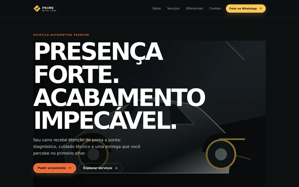 Página inicial de um modelo de site para estética automotiva, em tons escuros com detalhes em laranja