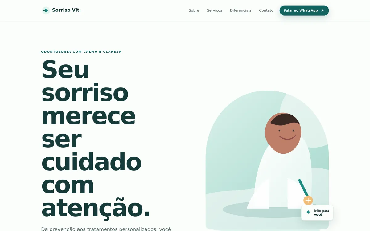 Página inicial de um modelo de site para clínica odontológica, em tons claros